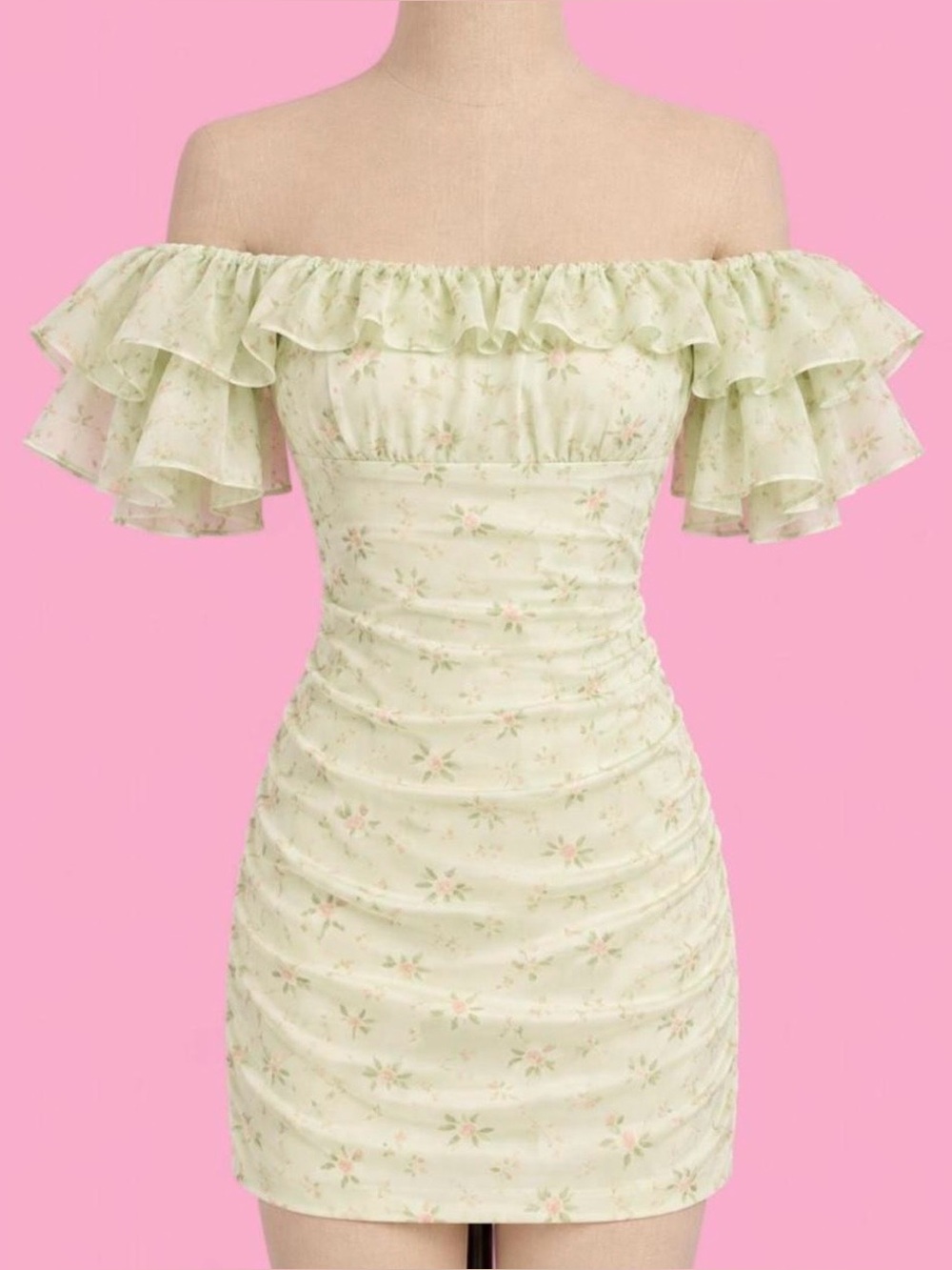 Camila Coelho Eva Mini Dress Sage Delilah Ruched Floral Off Shoulder Size S